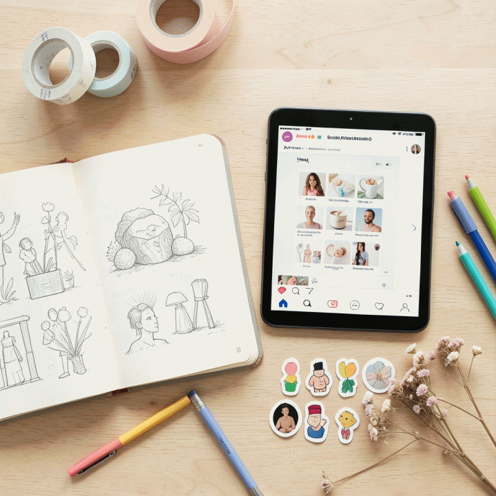 Perlengkapan kerja kreatif untuk content creator, termasuk jurnal, tablet, dan aksesoris dekorasi.