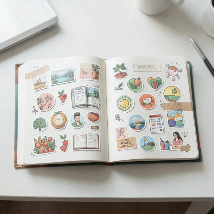 Tampilan flat lay jurnal digital yang didekorasi dengan stiker-stiker premium, menunjukkan estetika dan kreativitas dekorasi jurnal.
