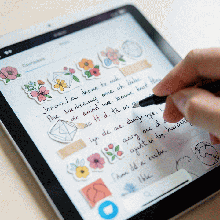Tangan menggunakan stylus di tablet untuk mendekorasi jurnal digital dengan stiker-stiker estetik.