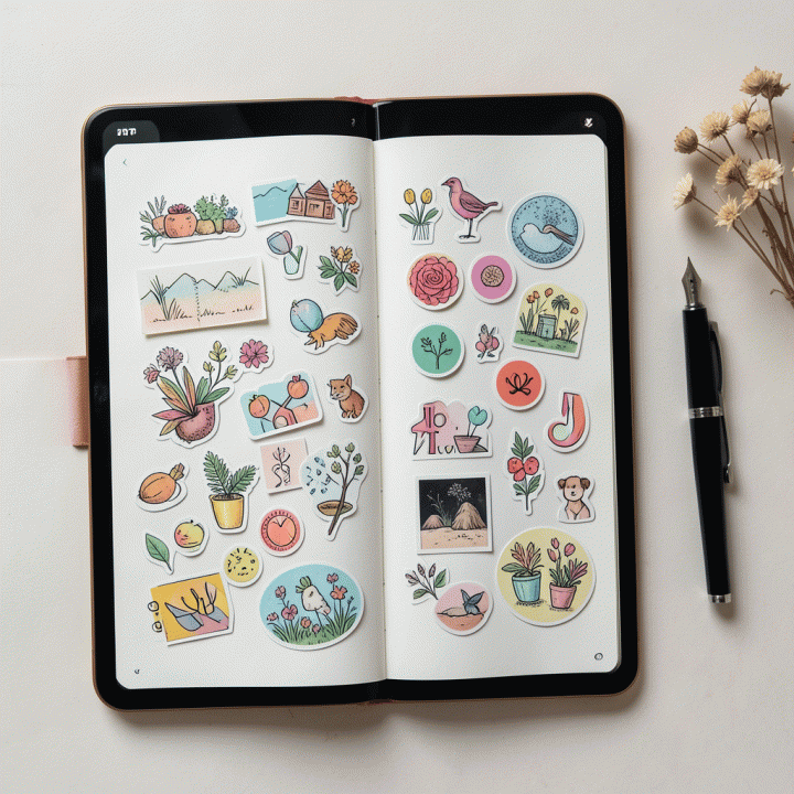 Tampilan atas (flat lay) jurnal digital di iPad yang dihiasi stiker-stiker estetik, menunjukkan penggunaan aset digital untuk jurnal atau perencanaan.