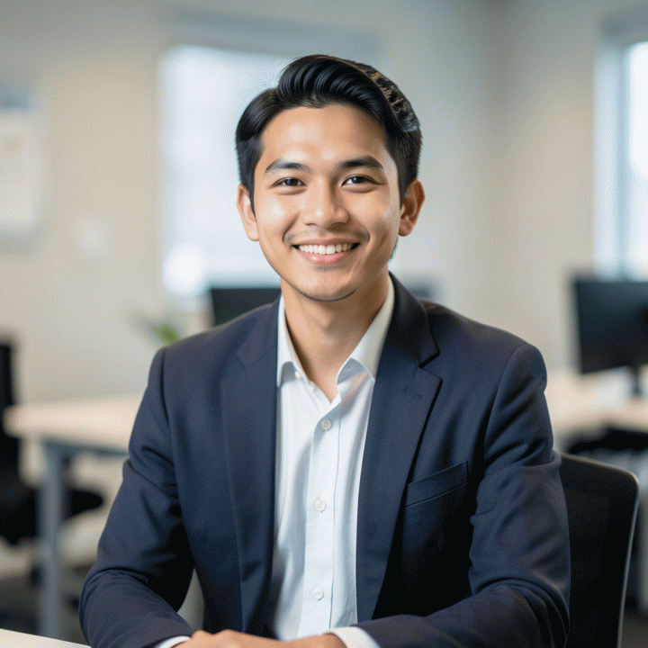 Foto potret profesional dan modern dari lulusan baru Indonesia yang percaya diri, cocok digunakan sebagai foto profil LinkedIn atau CV.