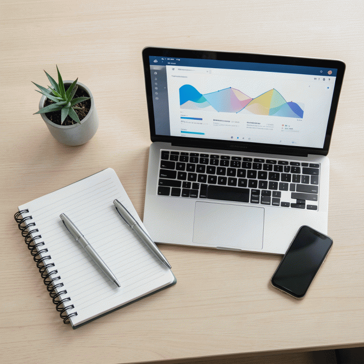 Susunan alat-alat kerja profesional seperti buku catatan, pena, dan laptop di atas meja kayu yang minimalis, melambangkan kesiapan karir.