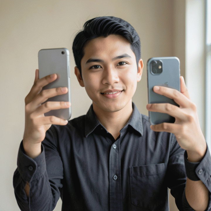 Tips mengambil foto profesional dengan smartphone di lokasi sederhana, menunjukkan kemudahan dan naturalitas.