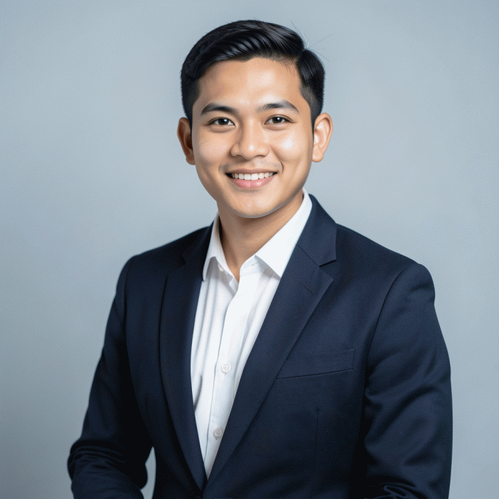 Contoh foto profil LinkedIn yang profesional dengan latar belakang polos dan pencahayaan yang baik.