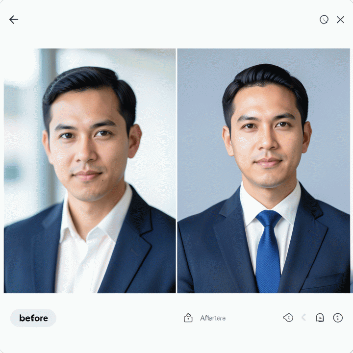 Visualisasi perbandingan (before-after) transformasi foto selfie biasa menjadi foto korporat profesional menggunakan AI.