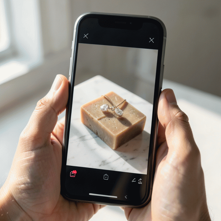 Smartphone mengambil foto produk di lingkungan sehari-hari, menunjukkan foto mentah sebelum ditingkatkan kualitasnya.