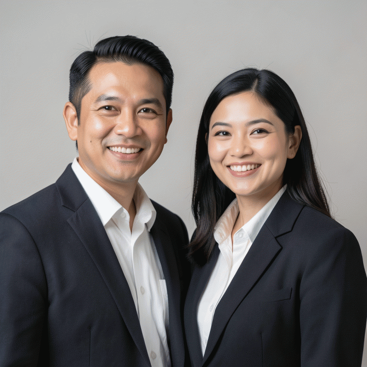 Foto profil korporat profesional dari pria dan wanita Indonesia yang tersenyum di latar belakang netral, menampilkan penampilan formal dan kredibel.