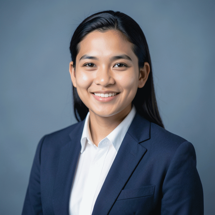 Foto close-up profesional untuk profil LinkedIn dengan latar belakang korporat yang halus.