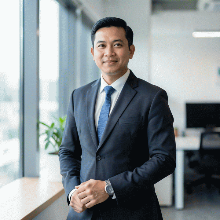 Contoh foto profil yang menampilkan latar belakang kantor modern dan pose yang menunjukkan profesionalisme saat bekerja.
