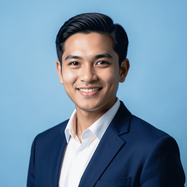 Potret profesional fresh graduate pria Indonesia dengan setelan jas biru, bersahabat, latar biru muda, pencahayaan studio.