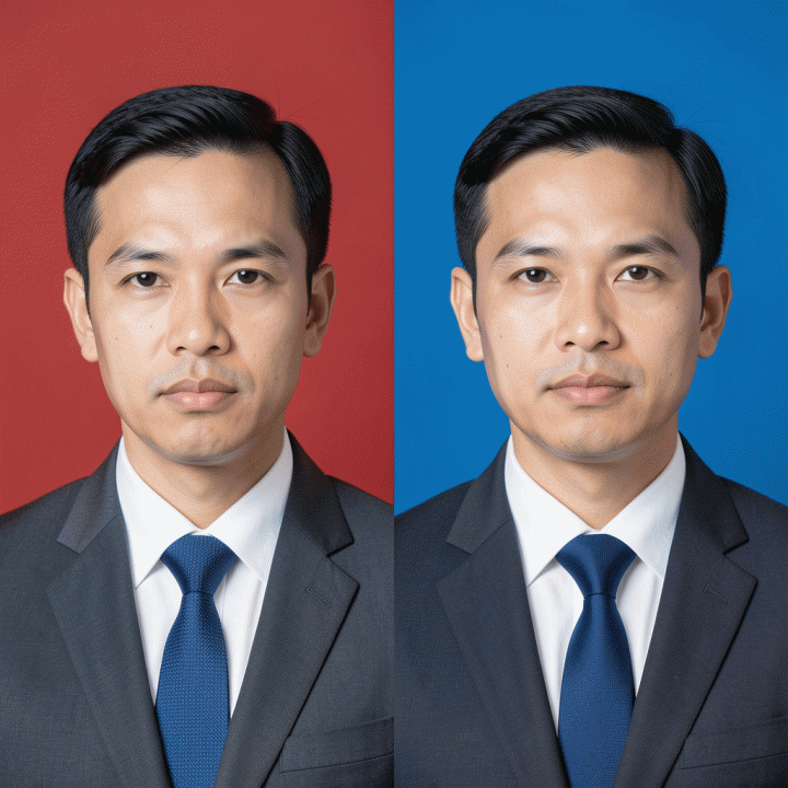 Portrait profesional dengan variasi latar belakang merah dan biru untuk keperluan CV dan dokumen resmi.