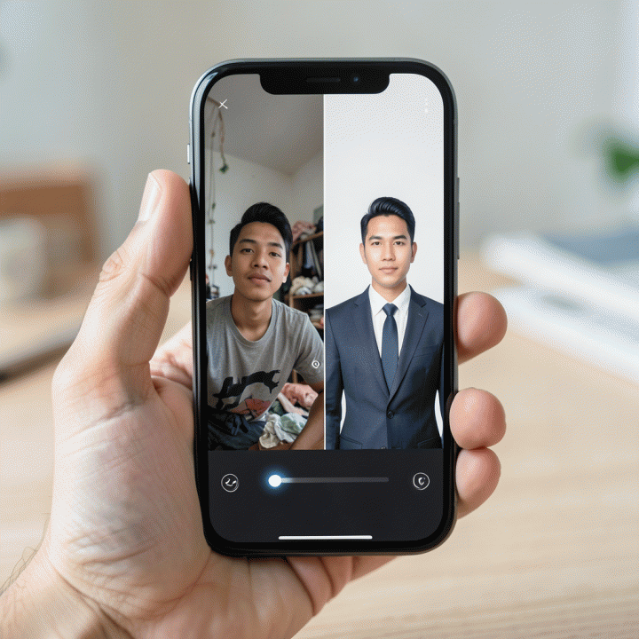 Ilustrasi perbandingan foto selfie kasual dan hasil profesional di layar ponsel dengan antarmuka abstrak.