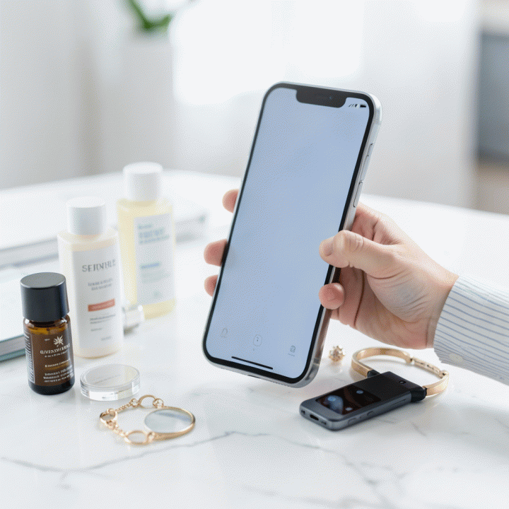 Foto produk e-commerce yang sangat detail dan tajam diambil menggunakan smartphone di atas permukaan marmer putih minimalis, menunjukkan tips fotografi produk profesional.