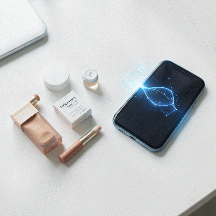 Foto produk e-commerce flat lay yang dipotret secara profesional dengan sentuhan teknologi AI, menunjukkan kualitas resolusi tinggi menggunakan smartphone.
