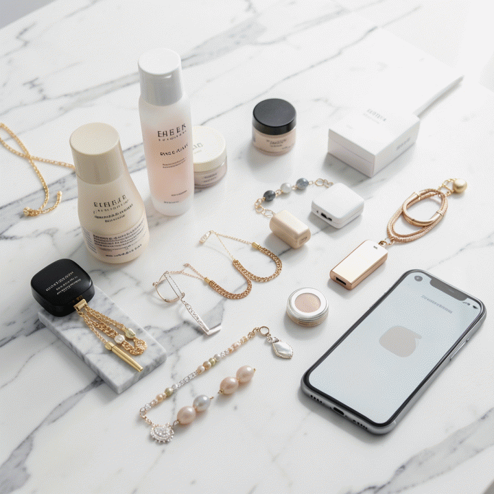 Tampilan produk e-commerce yang tertata rapi dan profesional di atas permukaan marmer putih, diambil dengan pencahayaan studio yang lembut, menunjukkan kualitas foto produk yang tinggi.
