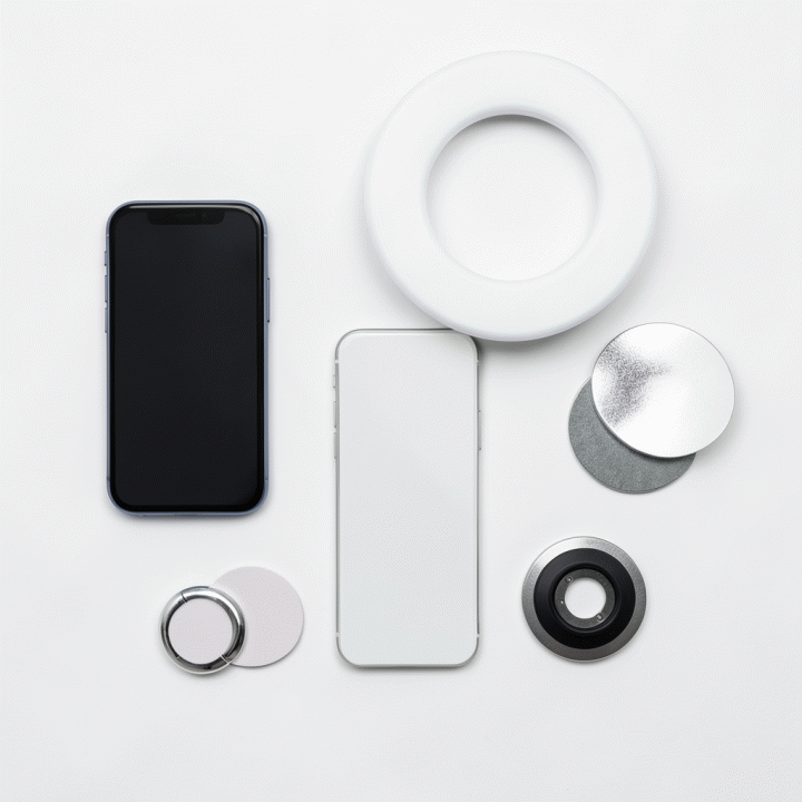 Pandangan atas (flat lay) peralatan sederhana untuk fotografi produk mobile, termasuk smartphone, ring light, dan latar belakang minimalis.