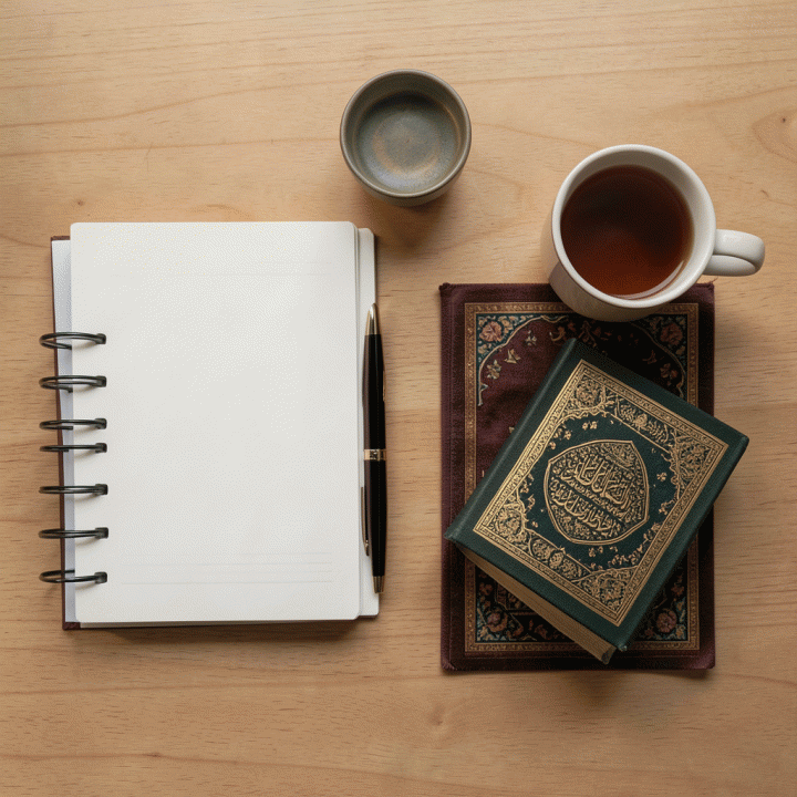 Flat lay modern workspace yang berisi planner, pulpen, dan perlengkapan ibadah yang tertata rapi, melambangkan perencanaan spiritual yang terstruktur.