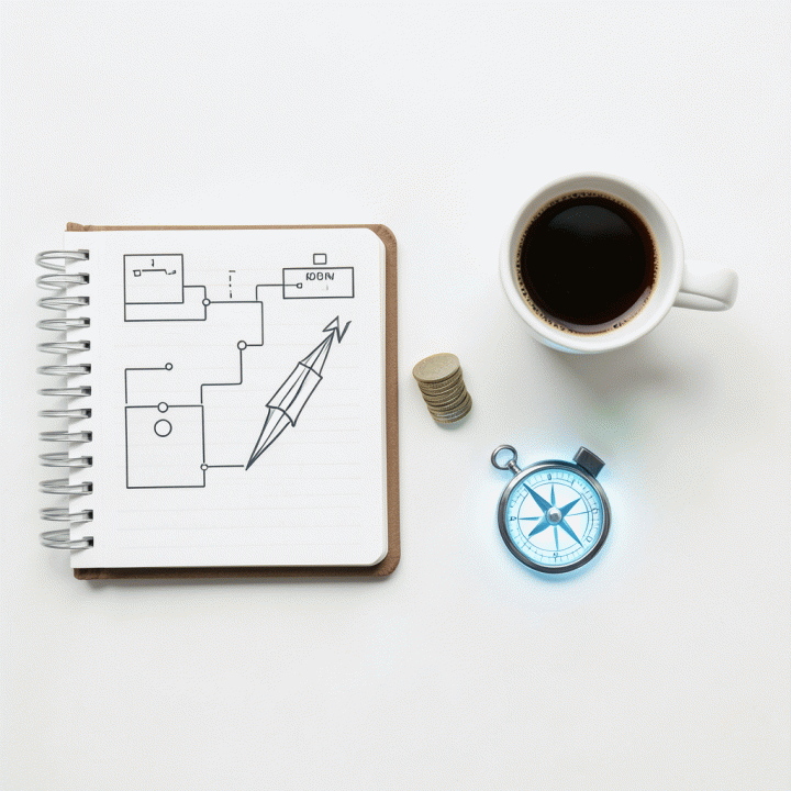 Tata letak flat lay yang menunjukkan simbol-simbol manajemen energi dan keuangan yang terorganisir, seperti buku catatan, koin, dan kompas.