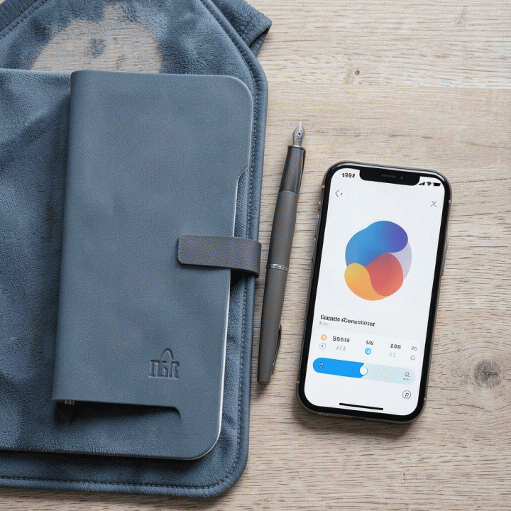 Foto flat lay estetis berisi sajadah modern, jurnal, pena, dan ponsel dengan antarmuka pelacak kebiasaan, melambangkan persiapan ibadah harian.