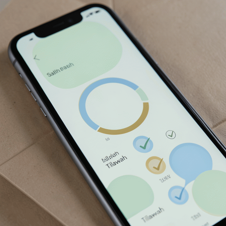 Tampilan abstrak habit tracker digital di smartphone yang menunjukkan progres ibadah secara visual.