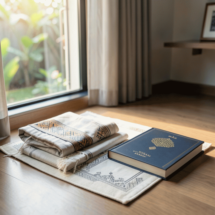 Persiapan perlengkapan ibadah harian yang tertata rapi dan menenangkan di kamar modern.