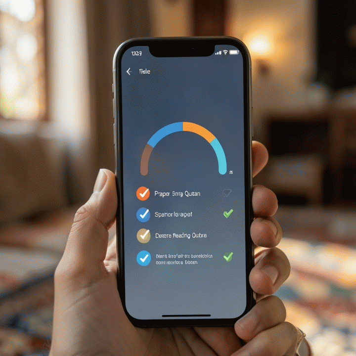 Tampilan pelacak kebiasaan digital yang menunjukkan progres ibadah harian yang konsisten di smartphone.