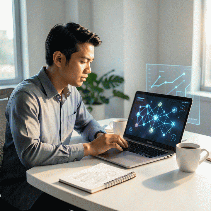 Seorang profesional muda Indonesia yang fokus bekerja di meja modern, dengan visualisasi data bercahaya di layar laptop, melambangkan proses pengembangan bisnis digital menggunakan AI.