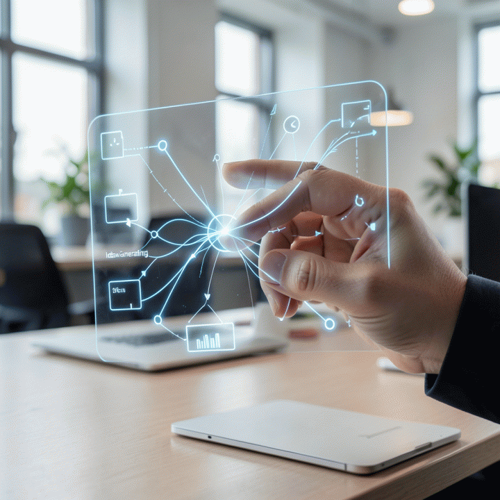 Tangan yang berinteraksi dengan antarmuka holografik bercahaya, menunjukkan visualisasi struktur bisnis dari ide mentah.