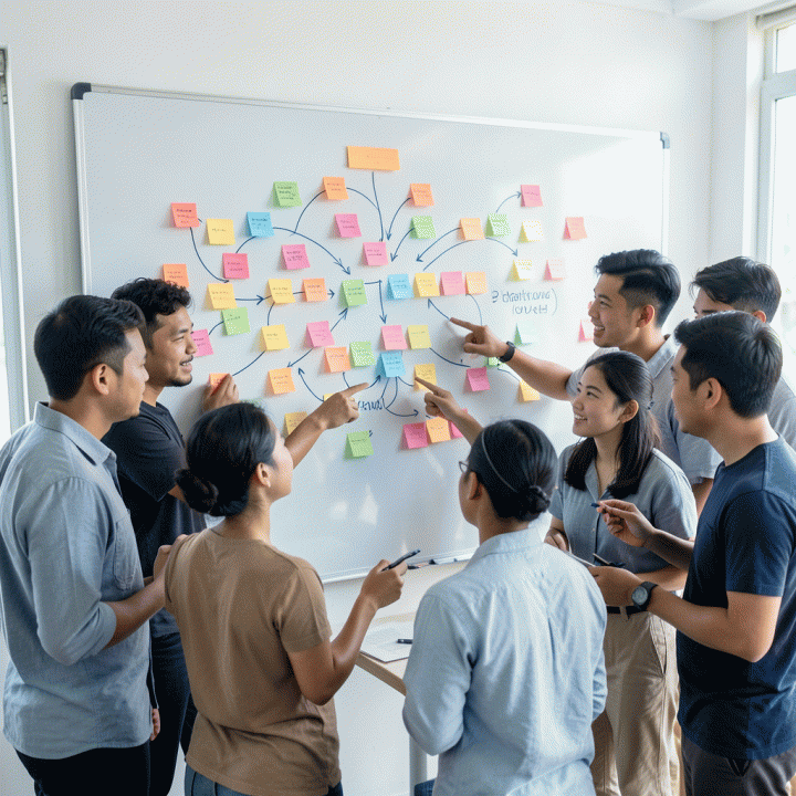 Tim startup Indonesia yang berkolaborasi di papan tulis, menggunakan diagram dan sticky notes abstrak untuk merencanakan strategi bisnis.