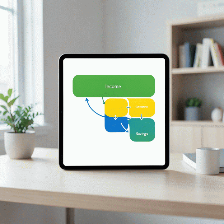 Infografis abstrak di layar tablet yang menunjukkan alur aliran dana yang terstruktur dari pendapatan hingga tabungan.