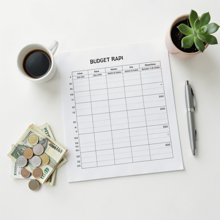 Tampilan datar (flat lay) yang sinematik dan terorganisir dari peralatan perencanaan keuangan, termasuk template budgeting, koin, uang kertas, dan tanaman kecil, menonjolkan konsep pengendalian finansial.