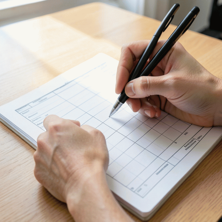 Tangan yang sedang mengisi atau melacak anggaran pada template budgeting yang terstruktur, menekankan proses perencanaan keuangan yang rapi.