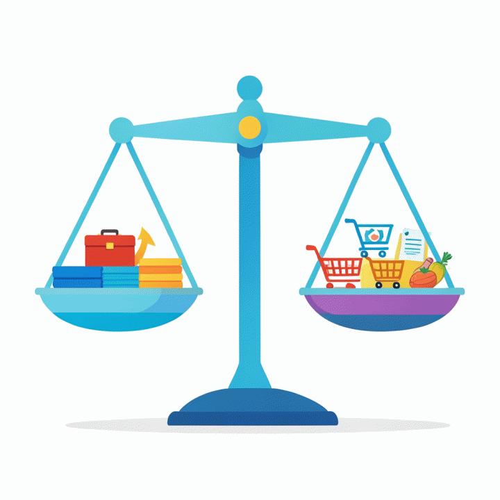 Visual metafora timbangan yang seimbang, menunjukkan keseimbangan antara pemasukan (income) dan pengeluaran (expenses) melalui budgeting yang efektif.