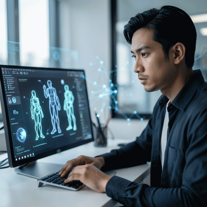 Seorang content creator profesional di ruang kerja modern, fokus pada layar digital yang menampilkan visualisasi desain karakter AI, melambangkan solusi konsistensi visual.