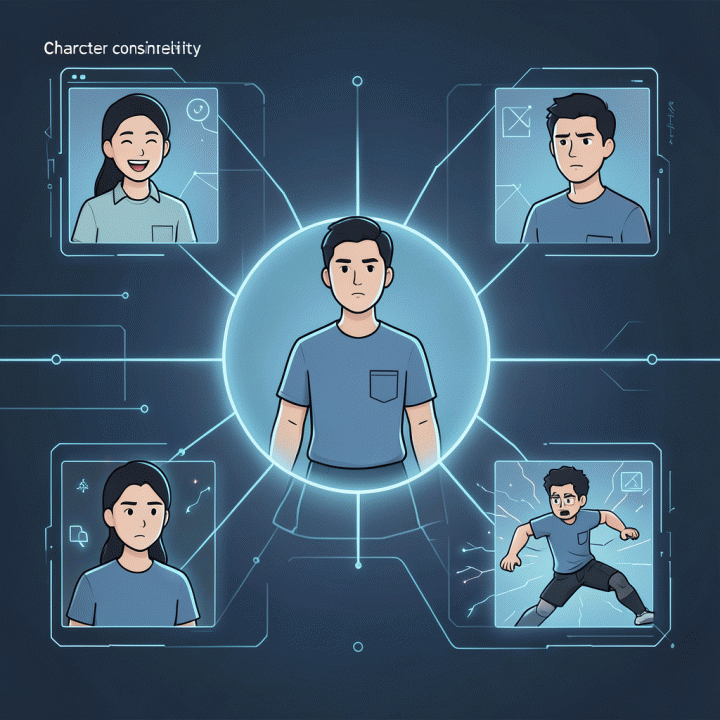 Diagram konseptual yang menunjukkan transisi konsisten karakter AI dalam berbagai adegan dan emosi, menyoroti pentingnya menjaga identitas visual.