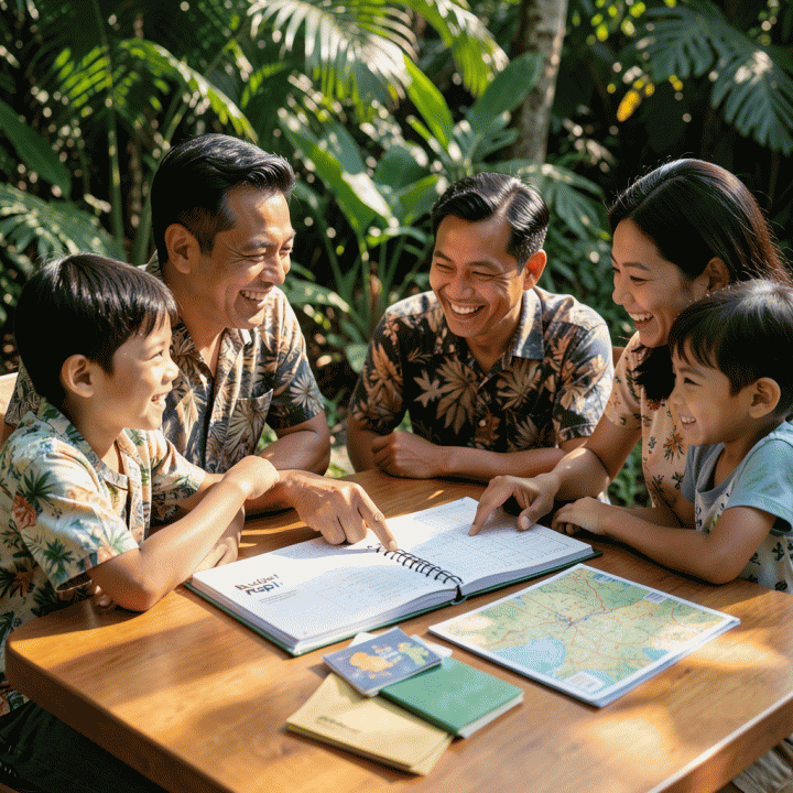 Keluarga Indonesia yang bahagia merencanakan anggaran liburan di atas meja kayu dengan buku planner dan uang tunai di bawah cahaya matahari tropis.