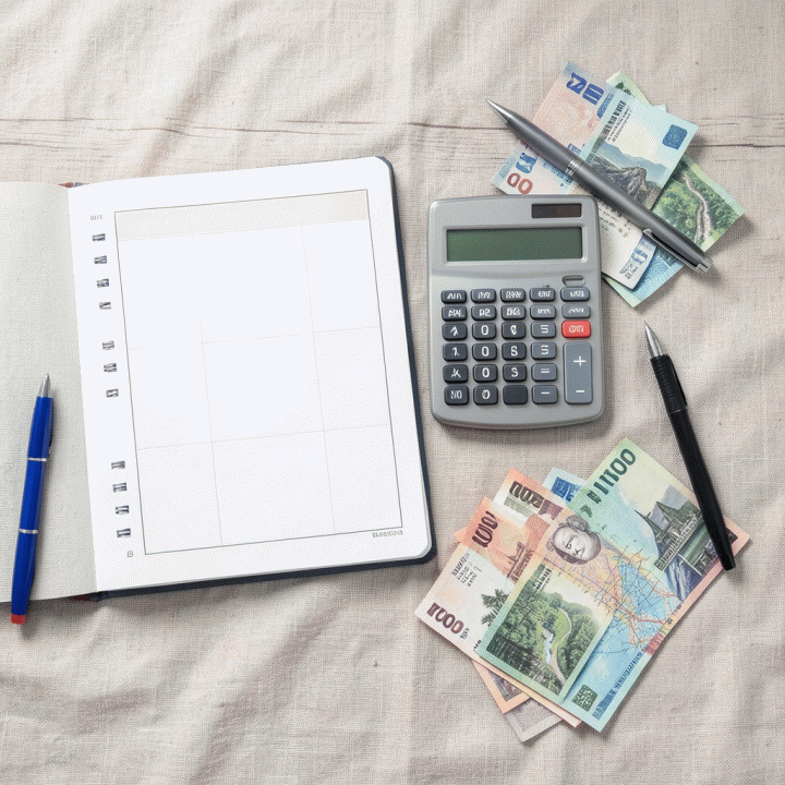 Foto flat lay alat perencanaan keuangan liburan keluarga: buku anggaran, uang Rupiah, dan alat tulis di atas alas kayu.