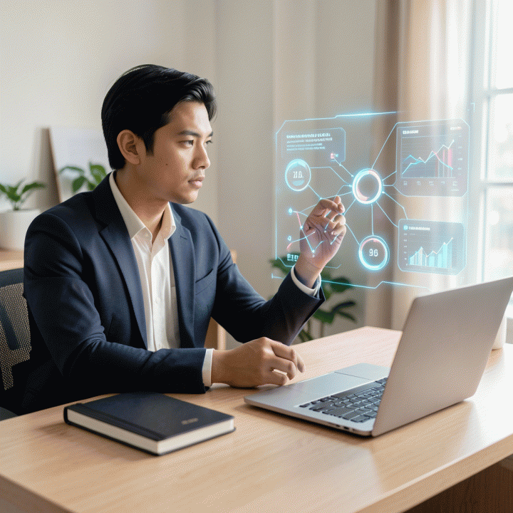 Seorang freelancer profesional Indonesia di meja kerja modern, menatap antarmuka hologram yang menampilkan grafik dan diagram aliran data keuangan yang kompleks, melambangkan pelacakan profitabilitas bisnis yang terpadu.