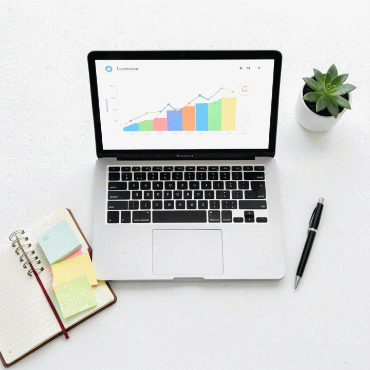 Tampilan atas (flat lay) meja kerja minimalis dengan laptop yang menampilkan dasbor keuangan abstrak, dikelilingi alat tulis untuk manajemen keuangan yang terorganisir.