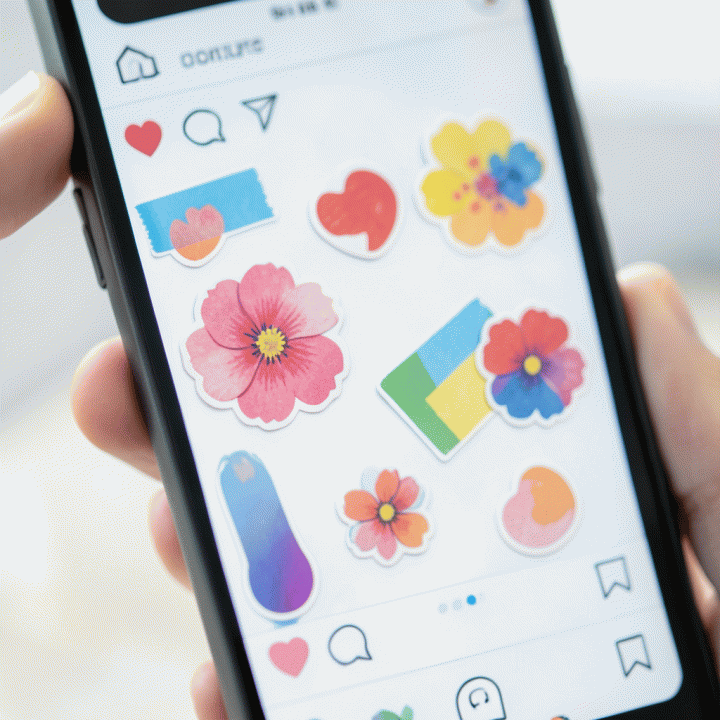 Tampilan close-up digital screen yang menunjukkan penerapan stiker premium untuk mempercantik desain feed Instagram, fokus pada elemen visual dan estetika.