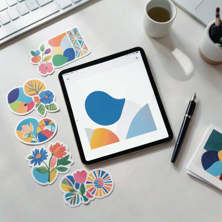 Flat lay fotografi estetik peralatan desain digital dan stiker premium di atas meja kerja modern, menunjukkan konsep kreativitas dan produktivitas.