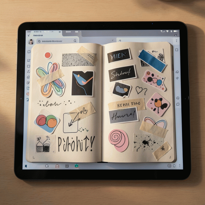 Halaman jurnal digital yang dipercantik dengan stiker dan aksen digital premium, menunjukkan konsep journaling estetik.