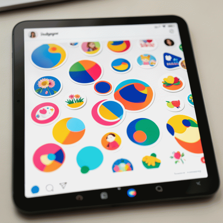 Tampilan dekat layar tablet yang menunjukkan proses dekorasi feed Instagram menggunakan stiker digital premium.