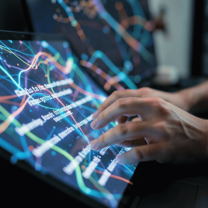 Hands typing catchy video hooks on a holographic screen, symbolizing the creation of viral content.