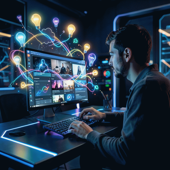 Content creator brainstorming dynamic video hooks using AI on a futuristic screen.