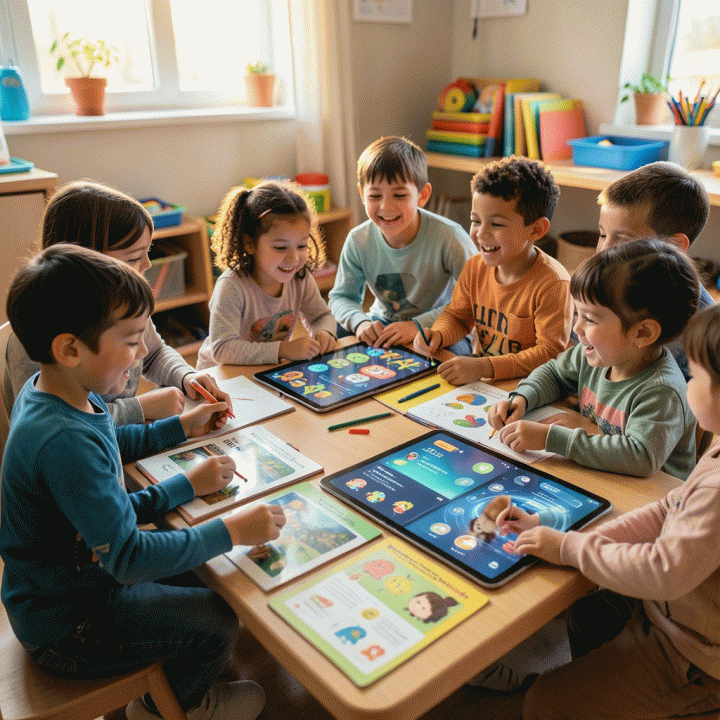 Sekelompok anak bahagia belajar dengan materi edukatif berwarna dan layar digital interaktif, menunjukkan lingkungan belajar yang efisien dan menyenangkan.