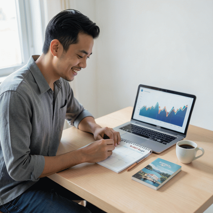 Seorang profesional muda Indonesia yang bahagia sedang merencanakan keuangan pribadinya menggunakan planner dan laptop, menunjukkan persiapan untuk liburan.