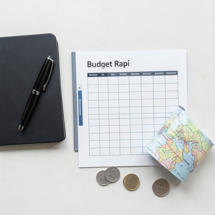 Tampilan datar (flat lay) alat-alat budgeting yang rapi, termasuk planner dan peta perjalanan, melambangkan perencanaan keuangan.