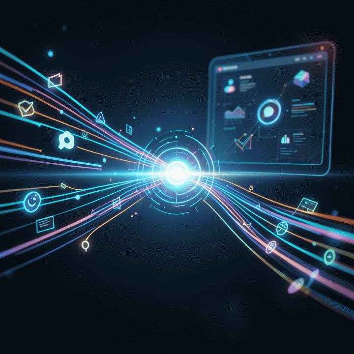 Representasi konseptual alur kerja AI yang efisien, menunjukkan aset digital yang mengalir mulus dan konsisten dari alat AI ke dalam konten jadi.