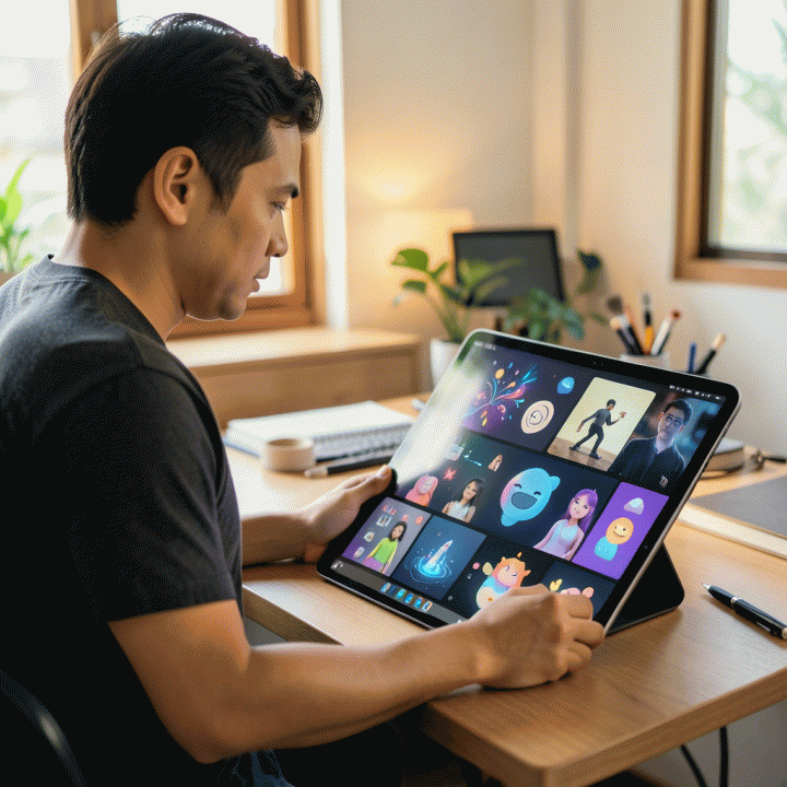 Content creator di ruang kerja modern yang melihat aset visual AI yang sangat konsisten dan beragam pada tablet digital, melambangkan kemudahan produksi konten dalam volume besar.